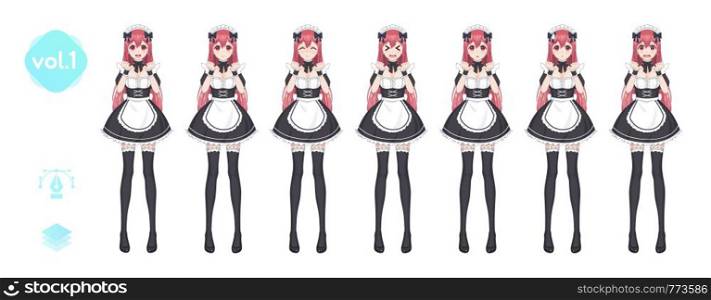 Anime manga girl, Cartoon character in Japanese style. Costume of maid cafe. Set of emotions. Sprite full length character for game visual novel
