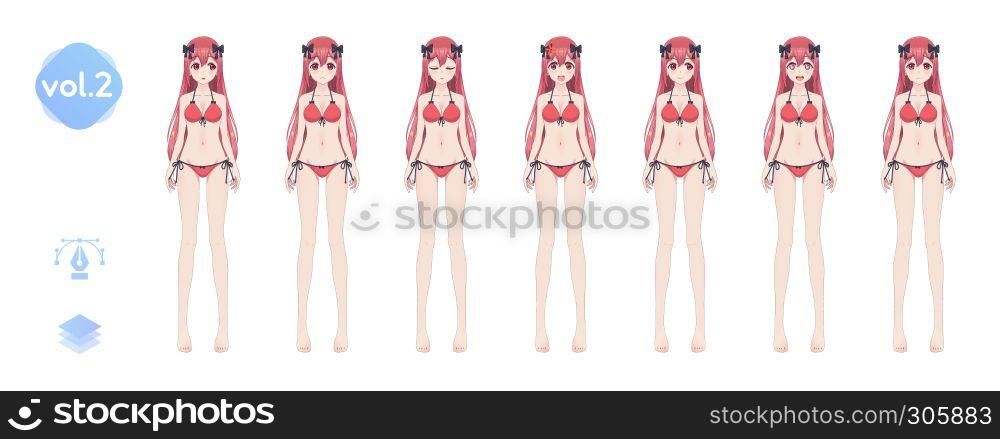 Anime manga girl, Cartoon character in Japanese style. In a summer bikini swimsuit. Set of emotions. Sprite full length character for game visual novel