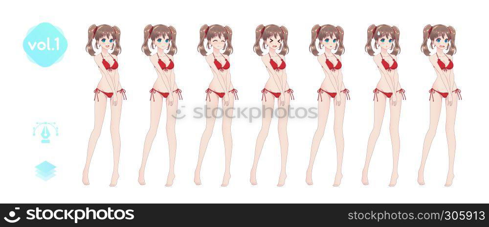 Anime manga girl, Cartoon character in Japanese style. In a summer bikini swimsuit. Set of emotions. Sprite full length character for game visual novel