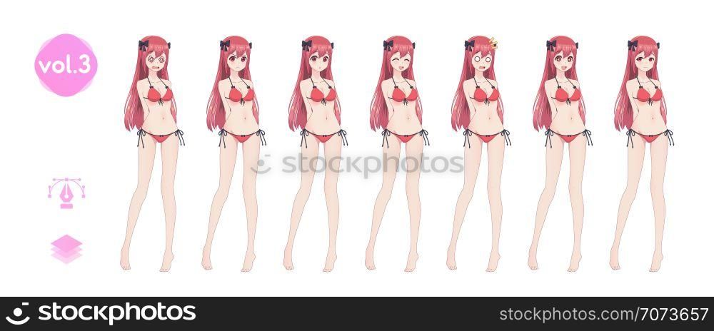 Anime manga girl, Cartoon character in Japanese style. In a summer bikini swimsuit. Set of emotions. Sprite full length character for game visual novel