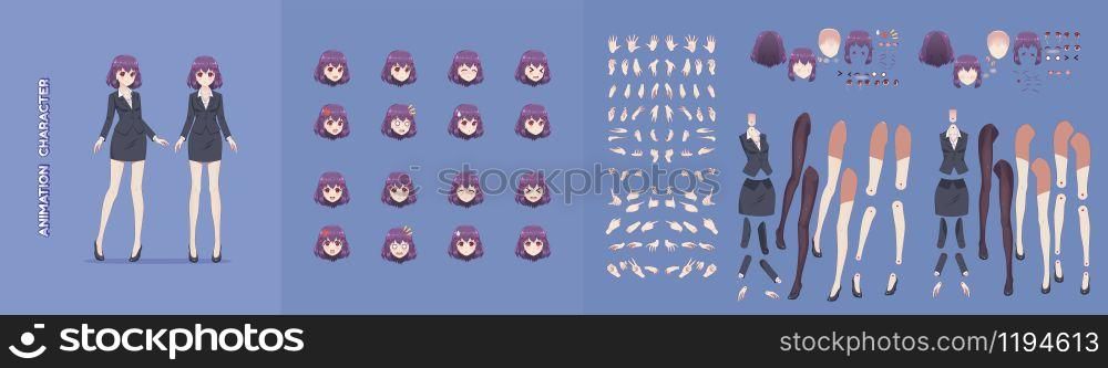 Anime manga girl cartoon characters for animation, motion design. Initial default pose. Parts of body, eight emotions, many parts of hands. Office business woman in jacket short skirt animation kit