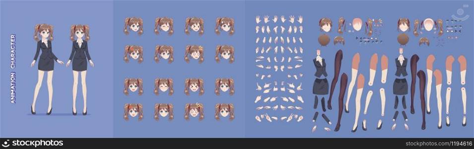 Anime manga girl cartoon characters for animation, motion design. Initial default pose. Parts of body, eight emotions, many parts of hands. Office business woman in jacket short skirt animation kit
