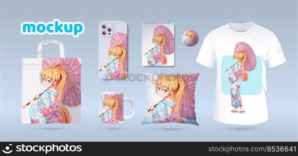 Anime Manga girl in traditional kimono. Identity branding mockup set top view. Prints on t-shirts, sweatshirts, cell phone cases, bags, souvenirs. Isolated vector illustration on white background. Anime girl in kimono. Prints on t-shirts, cases, souvenir