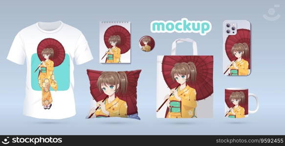 Anime Manga girl in traditional kimono. Identity branding mockup set top view. Prints on t-shirts, sweatshirts, cell phone cases, bags, souvenirs. Isolated vector illustration on white background. Anime girl in kimono. Prints on t-shirts, cases, souvenir