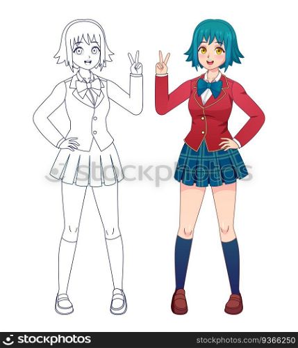 Anime manga girl. Japanese comics cute school girls in uniform for coloring book page. Cartoon character full body vector outline for kids. Illustration manga girl japanese, school uniform. Anime manga girl. Japanese comics cute school girls in uniform for coloring book page. Cartoon character full body vector outline for kids