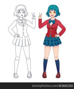 Anime manga girl. Japanese comics cute school girls in uniform for coloring book page. Cartoon character full body vector outline for kids. Illustration manga girl japanese, school uniform. Anime manga girl. Japanese comics cute school girls in uniform for coloring book page. Cartoon character full body vector outline for kids