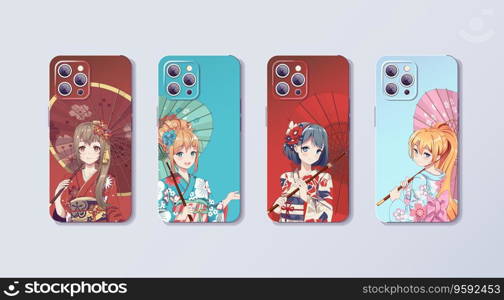 Anime manga girls in kimono and umbrella. Phone case design with colored print. Concept design for case and cover smartphone. Vector Illustration