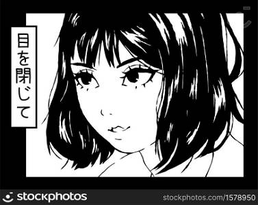 Anime poster. Manga girl closeup face black and white japanese or korean retro character kawaii style. Asian teen T-shirt design print or tattoo graphics vector cartoon isolated poster or banner. Anime poster. Manga girl closeup face black and white japanese or korean retro character style. Asian teen T-shirt design print or tattoo graphics vector cartoon poster or banner