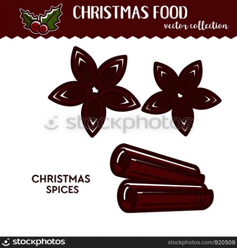 Anise and cinnamon ?hristmas food or spice condiment or supplement festive scent and fragrance star and stick shapes dry product for cooking and culinary ingredient cartoon vector illustration. Christmas food or spice, anise and cinnamon, condiments