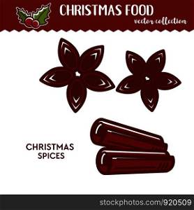 Anise and cinnamon ?hristmas food or spice condiment or supplement festive scent and fragrance star and stick shapes dry product for cooking and culinary ingredient cartoon vector illustration. Christmas food or spice, anise and cinnamon, condiments