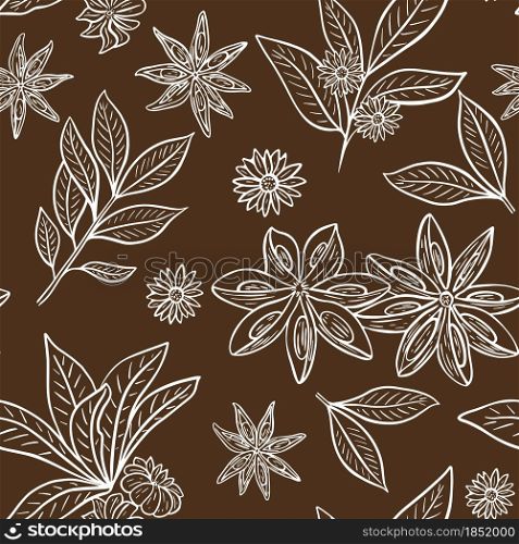Anise stars pattern. Vector vintage illustration with herbs and spices. Anise sketch, background with food. Template for design and decoration.. Anise stars pattern. Vector vintage illustration.