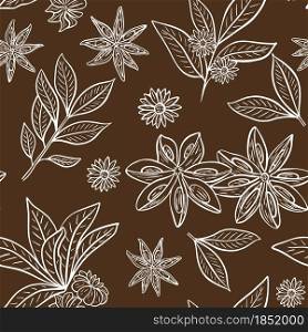 Anise stars pattern. Vector vintage illustration with herbs and spices. Anise sketch, background with food. Template for design and decoration.. Anise stars pattern. Vector vintage illustration.