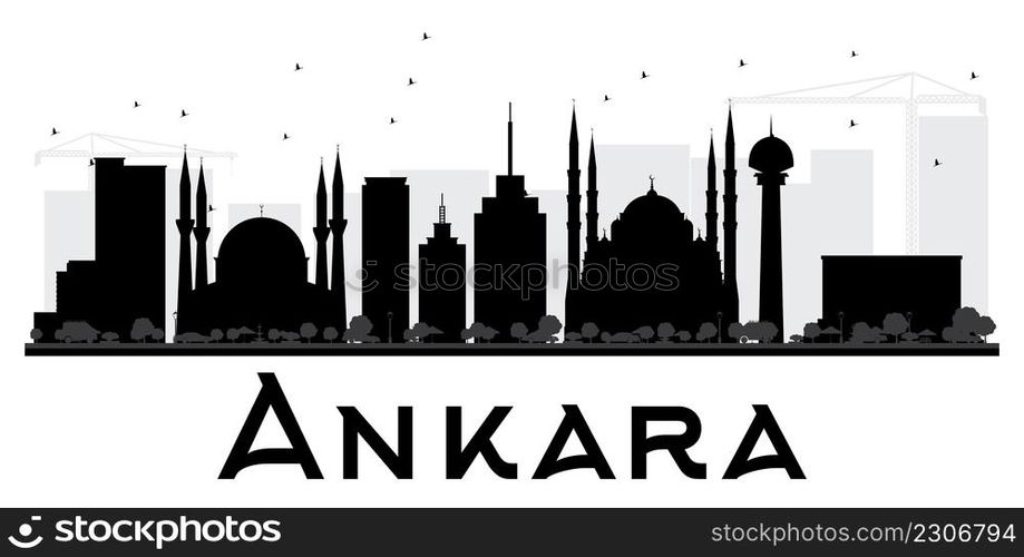 Ankara City skyline black and white silhouette. Vector illustration. Simple flat concept for tourism presentation, banner, placard or web site. Business travel concept. Cityscape with landmarks