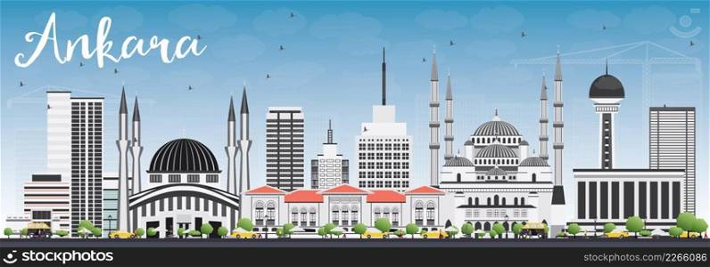 Ankara Skyline with Gray Buildings and Blue Sky. Vector Illustration. Business Travel and Tourism Concept with Historic Buildings. Image for Presentation Banner Placard and Web Site.