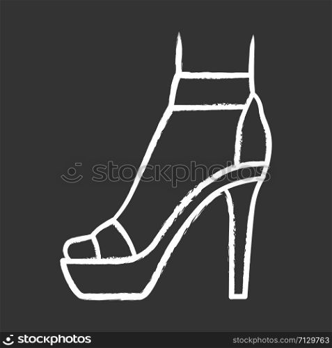 Ankle strap high heels chalk icon. Woman stylish footwear design. Female stiletto shoes, luxury modern summer sandals. Fashionable chic clothing accessory. Isolated vector chalkboard illustration