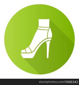 Ankle strap high heels green flat design long shadow glyph icon. Woman stylish footwear design. Female party stiletto shoes, luxury modern summer sandals. Vector silhouette illustration