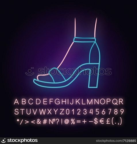 Ankle strap high heels neon light icon. Woman stylish footwear. Female casual shoes, luxury modern summer sandals. Glowing sign with alphabet, numbers and symbols. Vector isolated illustration