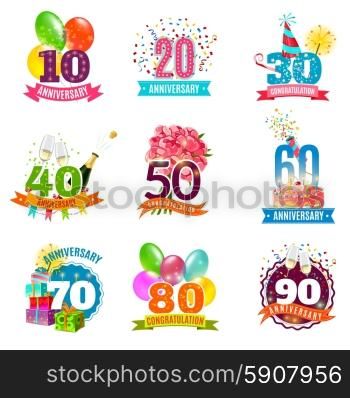 Anniversary birthdays emblems icons set . Anniversary birthdays festive emblems icons set for personalized gifts cards and presents colorful abstract isolated vector illustration