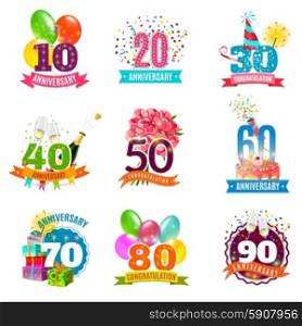 Anniversary birthdays emblems icons set . Anniversary birthdays festive emblems icons set for personalized gifts cards and presents colorful abstract isolated vector illustration