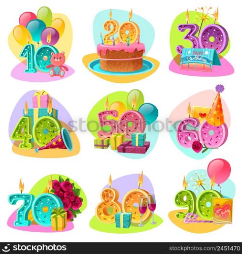 Anniversary candle numbers for birthday cake with celebration accessories and gifts retro set isolated vector illustration. Anniversary Candle Numbers Retro Set
