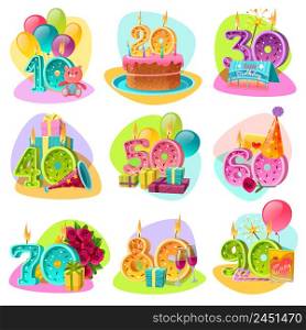 Anniversary candle numbers for birthday cake with celebration accessories and gifts retro set isolated vector illustration. Anniversary Candle Numbers Retro Set