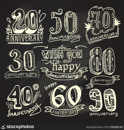 Anniversary celebration ceremony congratulations signs chalkboard collection set isolated vector illustration