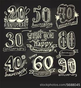 Anniversary celebration ceremony congratulations signs chalkboard collection set isolated vector illustration
