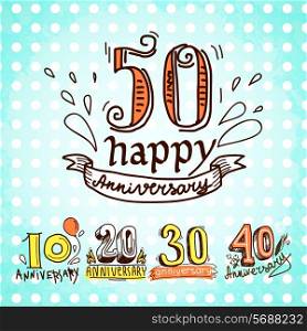 Anniversary celebration ceremony congratulations sketch 10 20 30 40 50 signs colored collection set vector illustration