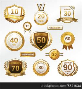 Anniversary celebration golden labels and badges set isolated vector illustration