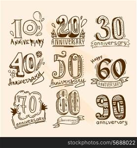 Anniversary celebration hand drawn signs collection set isolated vector illustration