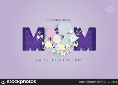 Anniversary celebration mother’s day greeting card.  Symbols of love in happy mother’s day on purple background, Happy celebration Mothers Day with flowers in paper cut, paper art, Vector banner.