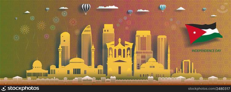 Anniversary celebration nation day Jordan with arab pattern background. Travel silhouette landmarks architecture of Jordan in amman with origami paper art, paper cut. Vector illustration