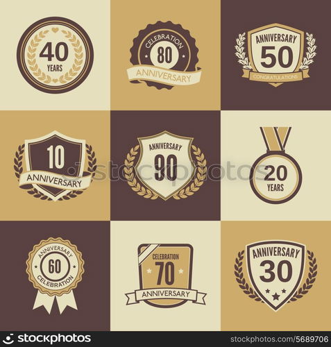 Anniversary celebration retro label icons set isolated vector illustration