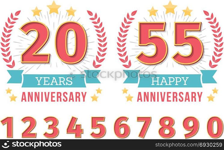 Anniversary Emblems. Anniversary emblem with ribbon, stars and laurel wreath, create your anniversary emblems, set of numbers included, vector eps10 illustration