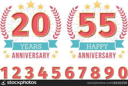 Anniversary Emblems. Anniversary emblem with ribbon, stars and laurel wreath, create your anniversary emblems, set of numbers included, vector eps10 illustration