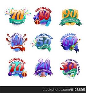 Anniversary emblems set. Anniversary emblems set with birthday celebration badges isolated vector illustration