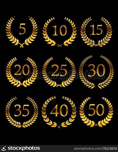 Anniversary golden laurel wreathes set with numbers for holiday design