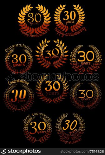 Anniversary golden wreaths with shining laurel branches, arranged into a circle frame with text 30 Years, congratulations and anniversary. Greeting card, event and invitation, celebration design. Anniversary golden laurel wreaths set