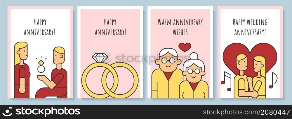 Anniversary greeting card with color icon element set. Married couple congrats. Postcard vector design. Decorative flyer with creative illustration. Notecard with congratulatory message. Anniversary greeting card with color icon element set
