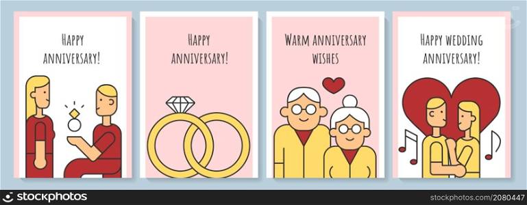 Anniversary greeting card with color icon element set. Married couple congrats. Postcard vector design. Decorative flyer with creative illustration. Notecard with congratulatory message. Anniversary greeting card with color icon element set