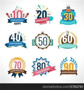 Anniversary happy holiday festive celebration emblems set with ribbons isolated vector illustration