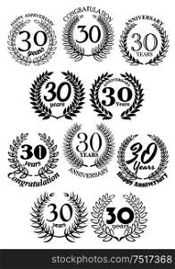 Anniversary heraldic frames retro symbols with black laurel wreaths for 30th birthday celebration, greeting card or awarding design usage. Anniversary heraldic laurel wreaths symbols