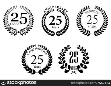 Anniversary jubilee laurel wreaths set with text Congratulations, 25 years, Anniversary. For jubilee, Anniversary and celebration design