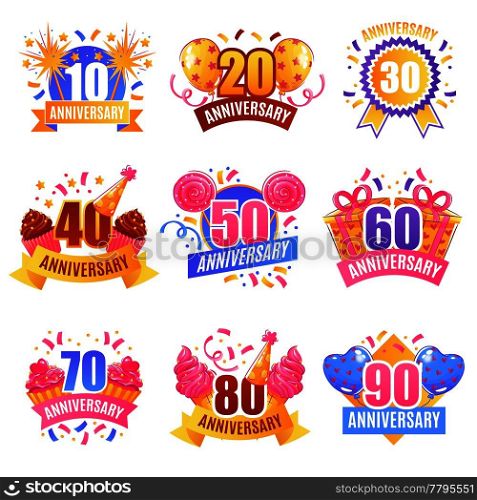 Anniversary numbers for presents decoration cake tops 9 festive images collection with sparkling lights isolated vector illustration . Anniversary Numbers Festive Set