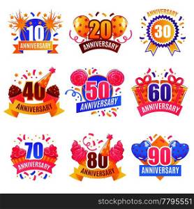 Anniversary numbers for presents decoration cake tops 9 festive images collection with sparkling lights isolated vector illustration . Anniversary Numbers Festive Set