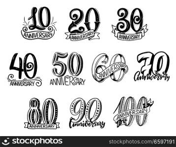Anniversary numbers year sketch lettering for birthday greeting card design. Vector isolated calligraphy set from 10 to 100 anniversary age numbers with ribbons and flourish retro calligraphy. Vector anniversary year numbers vector lettering