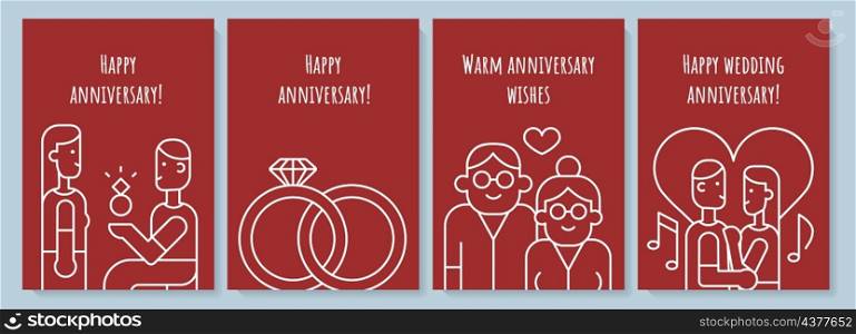 Anniversary postcard with linear glyph icon set. Married couple congrats. Greeting card with decorative vector design. Simple style poster with creative lineart illustration. Flyer with holiday wish. Anniversary postcard with linear glyph icon set