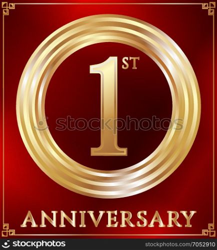 Anniversary ring gold. Anniversary gold ring logo number 1. Anniversary card. Red background. Vector illustration.