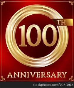 Anniversary ring gold. Anniversary gold ring logo number 100. Anniversary card. Red background. Vector illustration.