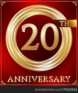 Anniversary ring gold. Anniversary gold ring logo number 20. Anniversary card. Red background. Vector illustration.